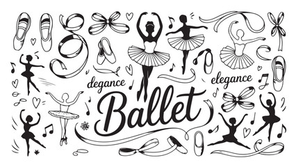 Elegant Ballet dancer silhouettes and accessories ribbons and pointe shoes graphic design elements representing grace art and elegance