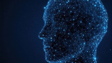 Stunning digital human head network visualization represents AI's futuristic consciousness, intelligence, and interconnected global data.