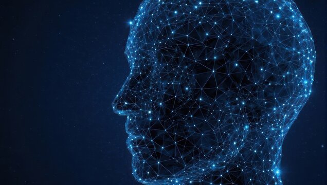 Stunning digital human head network visualization represents AI's futuristic consciousness, intelligence, and interconnected global data.