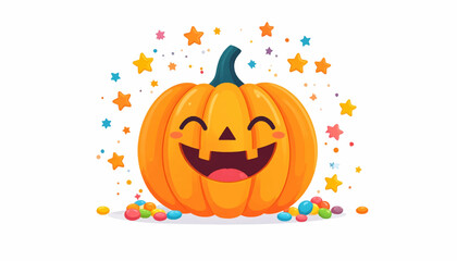 Joyful cartoon pumpkin character with a happy face, surrounded by festive confetti and stars. A cute vector illustration for the Halloween holiday