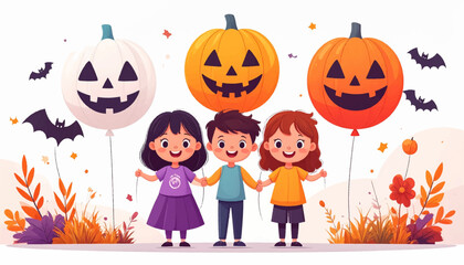 Three happy children celebrate Halloween with festive pumpkin and ghost balloons. This delightful autumn illustration perfectly captures the joy and playful spirit of the spooky season