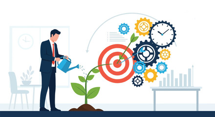 Businessman watering plant gears target symbolizing business growth and success strategy