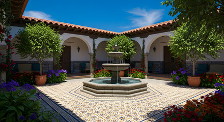 Obraz premium Sun-drenched Mediterranean courtyard sanctuary featuring a classic tiered fountain, intricate tile patterns, and elegant archways