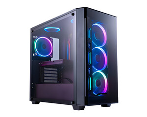 Gaming computer case with R G B fans isolated on a transparent background image
