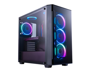 Gaming computer case with R G B fans isolated on a transparent background image