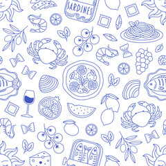 Seamless pattern with hand drawn mediterranean food. Lemons, pizza, sardines, grilled fish, shrimps, cherry tomatoes, olive branch, seafood. Italian dolce vita aesthetics. Vector illustration in flat 