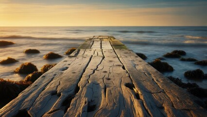 Serene wooden pier leads to calm ocean waters under a breathtaking golden sunset, inviting tranquil reflection and peaceful escape