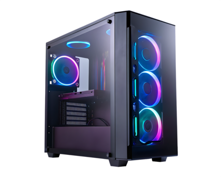 Gaming computer case with R G B fans isolated on a transparent background image - Powered by Adobe