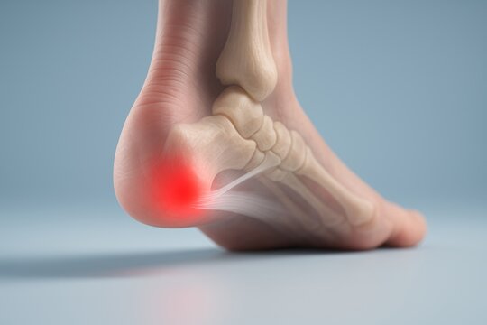 Medical illustration of plantar fasciitis heel pain showing posterior plantar foot anatomy with translucent fascia band from calcaneus to forefoot and red glow at medial origin, clean minimal medical