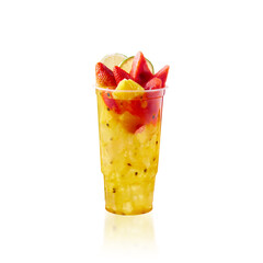 Cold fruit juice drink with pineapple, passion fruit, and watermelon, isolated cold fruit juice, summer beverages on white