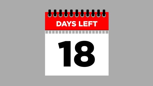 1 day left, calendar torn page flipping 2D animation, motion graphics running numbers counting days, 31 to 1 day to go, 4K HD video with Transparent background.