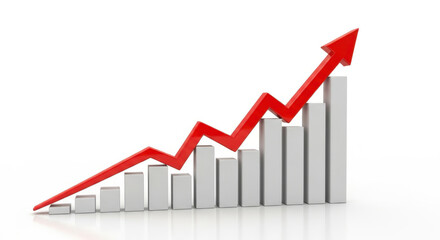 Upward Trend Bar Graph with Red Arrow Illustrating Business Growth and Financial Success on a White Background for Presentations and Reports