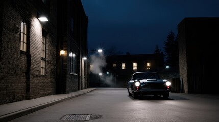 Obraz premium Vintage Car Chase Through Gritty Alley at Nighttime in Atmospheric Urban Setting