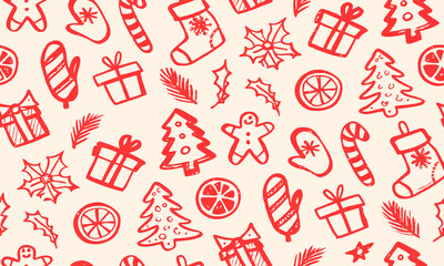 Festive Red Christmas Pattern Background with Hand-Drawn Designs. This charming Christmas pattern features a variety of hand-drawn festive elements, including Christmas trees, presents, candy canes.