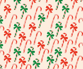 Festive Candy Cane Pattern on a Pastel Background. A cheerful and playful repeating pattern of candy canes in red and green, adorned with bows, on a soft, pastel background.