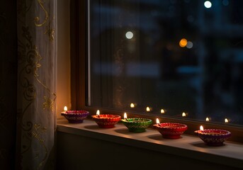 Diwali diwali diyas lit on a windowsill at night, with bokeh lights in the background, celebrating the festival of lights