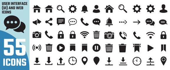 Collection of 55 essential modern flat design icons for web and mobile applications representing various categories like communication and technology