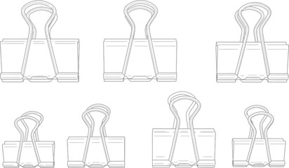 Metal binder clips, office supplies on a plain white background