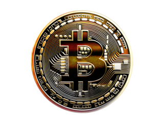 Gold Bitcoin Coin with Circuit Board Detail isolated on a transparent background