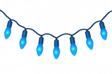 Blue glowing string lights garland with electric bulbs, hanging festive decoration on transparent background