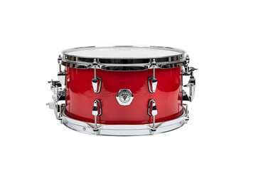 Vibrant red snare drum ready to rock your next performance, offering a crisp sound for studio recording or live stage presence with its polished chrome hardware