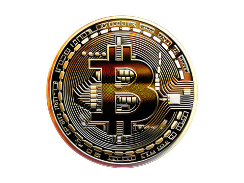 Gold Bitcoin Coin with Circuit Board Detail isolated on a transparent background