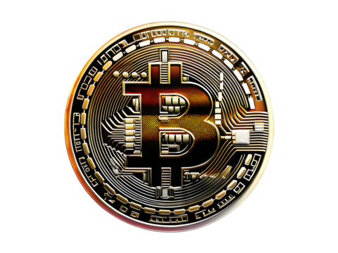 Gold Bitcoin Coin with Circuit Board Detail isolated on a transparent background
