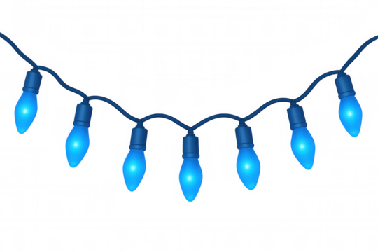 Blue glowing string lights garland with electric bulbs, hanging festive decoration on transparent background