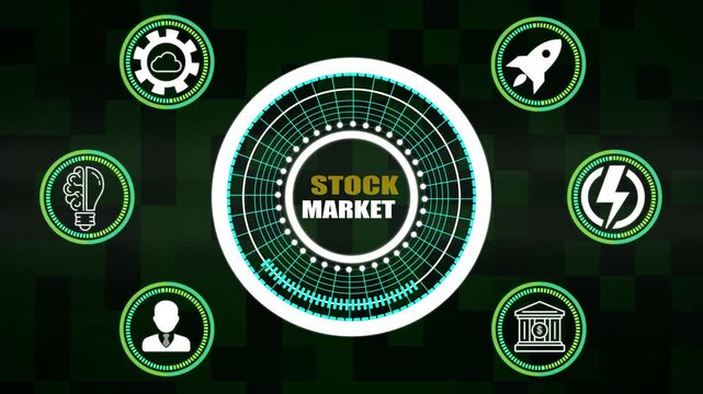 Stock Market Concept with Icons and Circular Grid on Dark Background