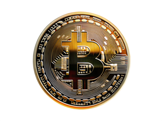Golden Bitcoin Coin with Circuitry Detail isolated on a transparent background cryptocurrency