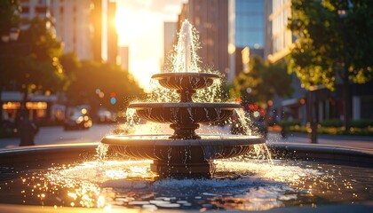 A multi-tiered fountain sparkles in golden hour, the city skyline blurred in the background. Sunlight bathes the scene