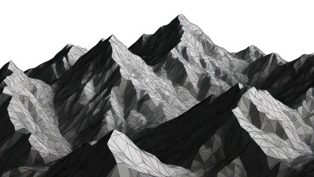 Dynamic geometric mountain range rendered with sharp polygonal peaks and deep shadows, showcasing a stark, modern landscape ideal for digital art backgrounds and abstract concepts.