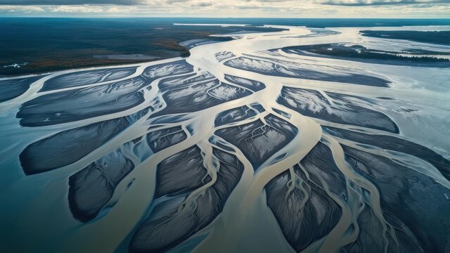 Stunning aerial view of glacial river delta branching across vast landscape with dramatic clouds overhead
