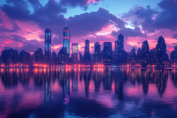 Fototapeta premium Sun setting over city skyline at sunset, reflecting in the water.