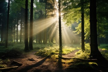 Obraz premium Sunbeams piercing through verdant forest canopy trees light