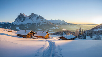 Snowy alpine cabins and mountain valley at golden sunrise