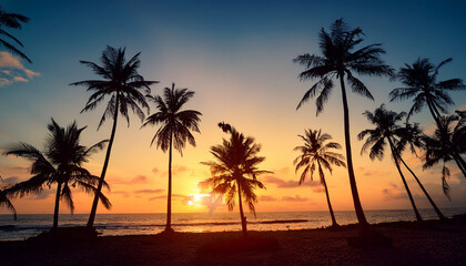 Obraz premium Silhouetted Palm Trees Against A Soft Sunset Background In A Tropical Paradise