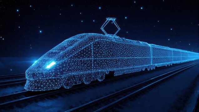 Futuristic digital train speeds through starry night, symbolizing advanced technology and global connectivity for modern transportation concepts.