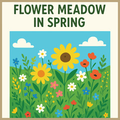 Bright colorful flower meadow in spring, fresh green grass, butterflies flying, warm sunshine, joyful atmosphere