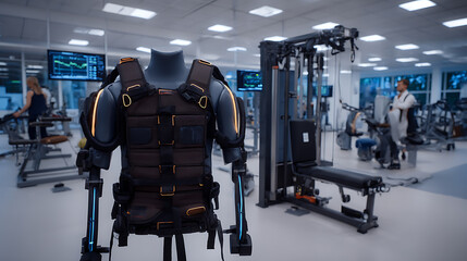 Exoskeleton suit displayed in a modern rehabilitation facility with medical staff and exercise equipment in the background