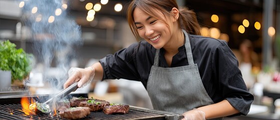 Skilled chef prepares delicious grilled steak, garnishing it with fresh herbs while smoke rises from the grill in an outdoor setting