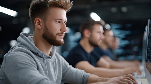 A group of young individuals collaborate on computers, utilizing artificial intelligence for software development and data analysis - Powered by Adobe