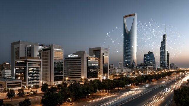 Illuminated skyscrapers showcase modern architecture and digital data streams reflecting urban advancement during nighttime