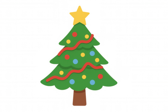Green christmas tree decorated with a yellow star, red garland, and colorful baubles, celebrating winter holidays