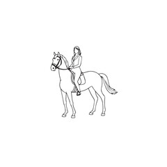 Black and white line art of a beautiful woman with perfect body riding horse elegant minimalist illustration