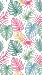 Minimalist seamless pattern of tropical leaves in pastel watercolor