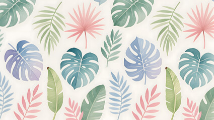 Minimalist seamless pattern of tropical leaves in pastel watercolor
