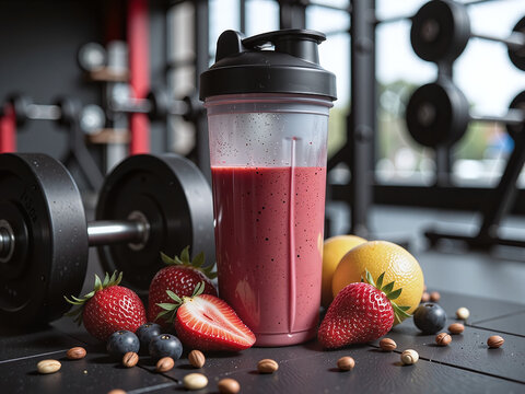 Fruit protein juice in a gym setting emphasizes energy and wellness.