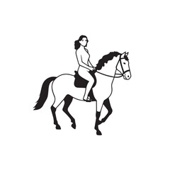 Black and white line art of a beautiful woman with perfect body riding horse elegant minimalist illustration