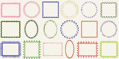 Collection of hand drawn decorative frames and borders with various shapes and colors